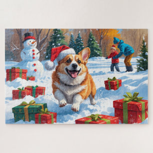 Corgi läuft im Schnee mit Weihnachtsmütze Puzzle
