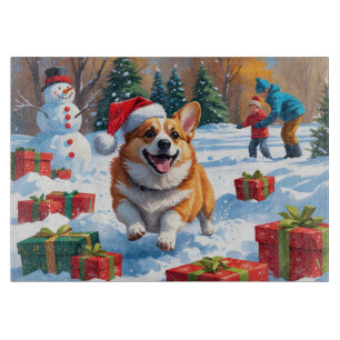 Corgi läuft im Schnee mit Weihnachtsmütze Schneidebrett