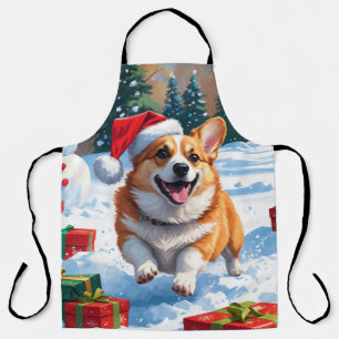 Corgi läuft im Schnee mit Weihnachtsmütze Schürze