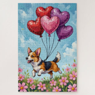 Corgi läuft mit Herzballons zum Valentinstag Puzzle