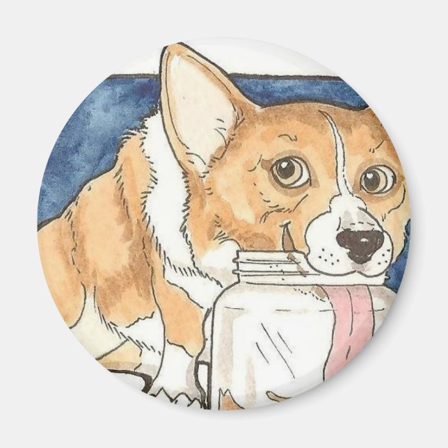 Corgi leckt den Erdnussbutterfass Magnet (Vorne)