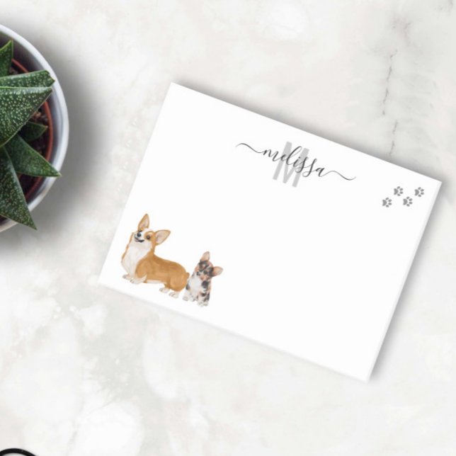 Corgi Liebe Watercolor Monogram Personalisiert Post-it Klebezettel (Von Creator hochgeladen)