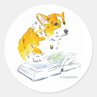 Corgi liest einen guten Buchsticker Runder Aufkleber