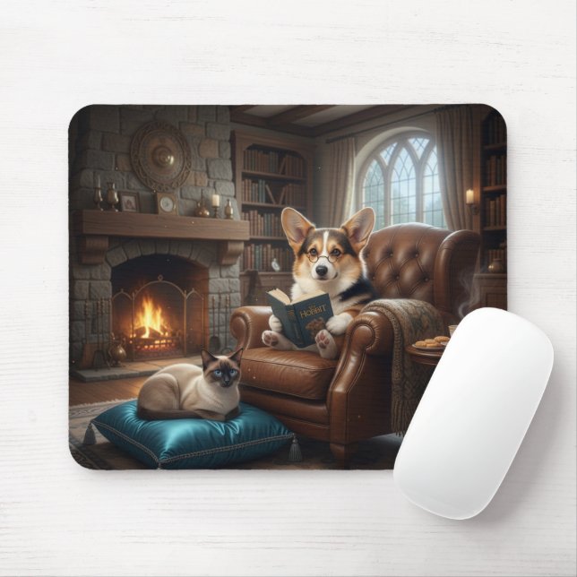 Corgi liest Katze vor Mousepad (Mit Mouse)