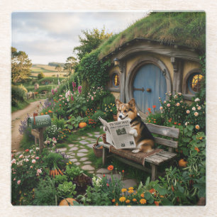 Corgi liest lokale Zeitung im Garten Glasuntersetzer