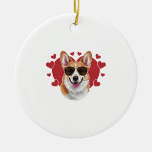 Corgi Love Coole Sonnenbrille umgeben von Herzen Keramik Ornament