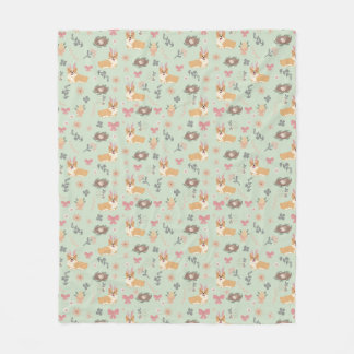 Corgi Mint Garden Floral Seamless Pattern Fleecedecke