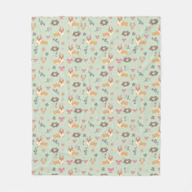 Corgi Mint Garden Floral Seamless Pattern Fleecedecke (Vorderseite)