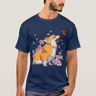 Corgi mit Butterfly Japanisch Sakura Cherry Blosso T-Shirt