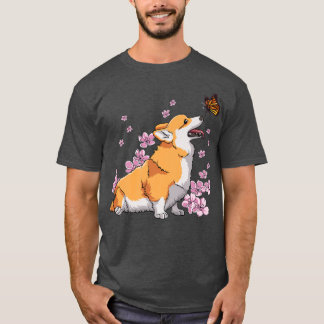 Corgi mit Butterfly Japanisch Sakura Cherry Blosso T-Shirt