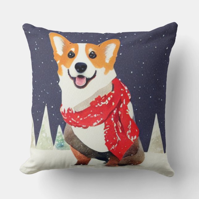 Corgi mit einem rot-weißen Weihnachtsschnitzer Kissen (Vorderseite)