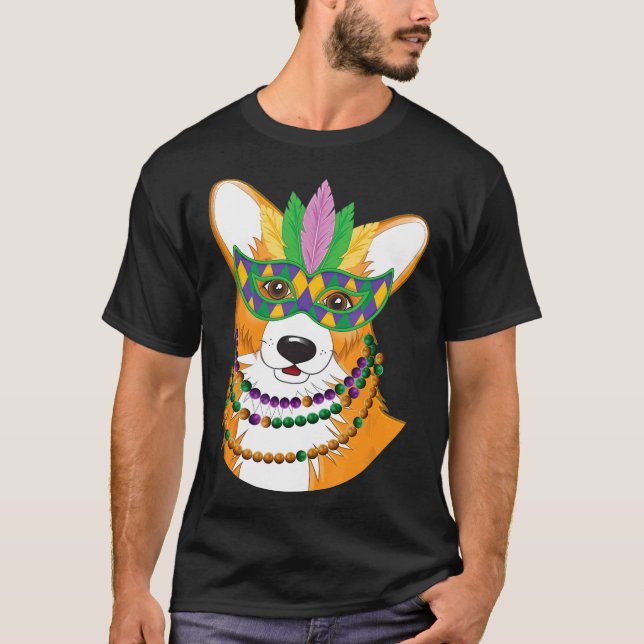Corgi mit Mardi Gras Beads Nekklace Maskenhund T-Shirt (Vorderseite)