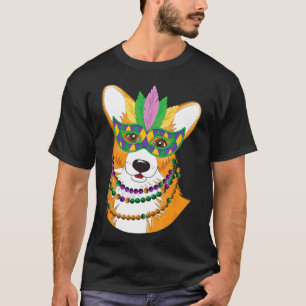 Corgi mit Mardi Gras-Perlen-Halskette-Maske-Hund T-Shirt