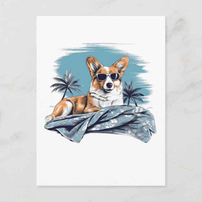 Corgi mit Sonnenbrille am Strand Postkarte (Vorderseite)