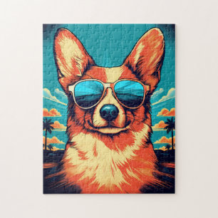 Corgi mit Sonnenbrille an einem tropischen Strand Puzzle