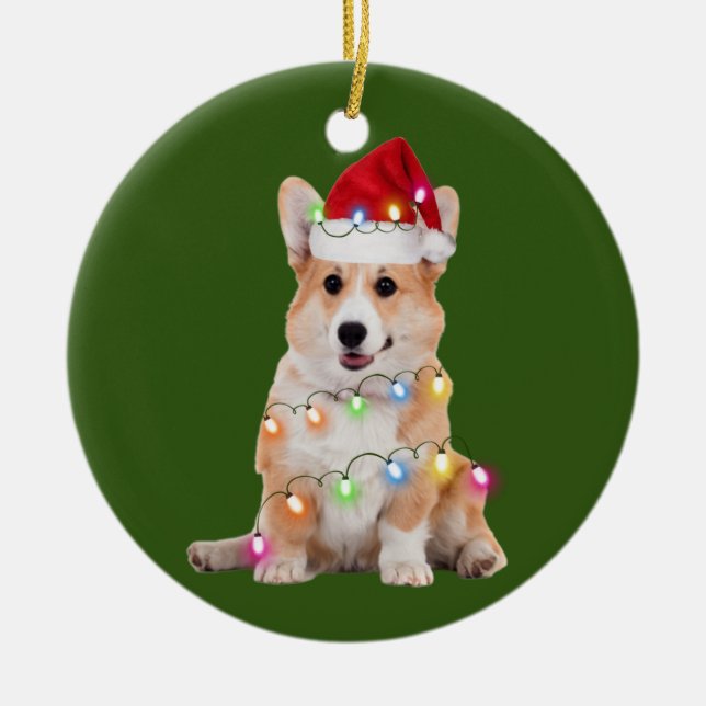 Corgi mit Weihnachts-Scafts Weihnachtsmannmütze Ge Keramik Ornament (Vorne)