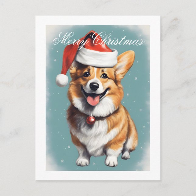 Corgi mit Weihnachtsmannmütze frohe Weihnachten Postkarte (Vorderseite)