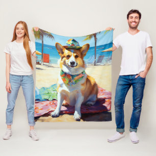Corgi on Beach, Sommergeschenk für Hundefreunde Fleecedecke
