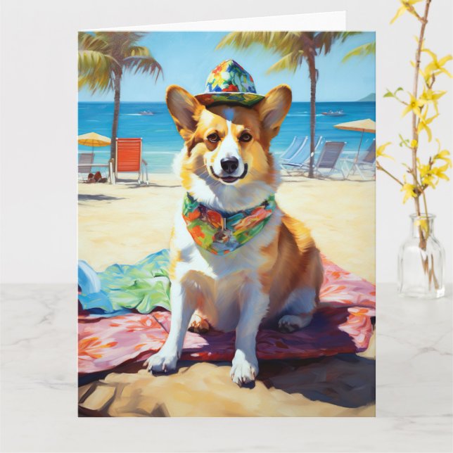 Corgi on Beach, Sommergeschenk für Hundefreunde Karte (Gelbe Blume)