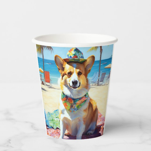 Corgi on Beach, Sommergeschenk für Hundefreunde Pappbecher (Vorderseite)