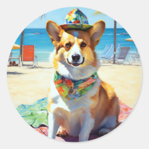 Corgi on Beach, Sommergeschenk für Hundefreunde Runder Aufkleber