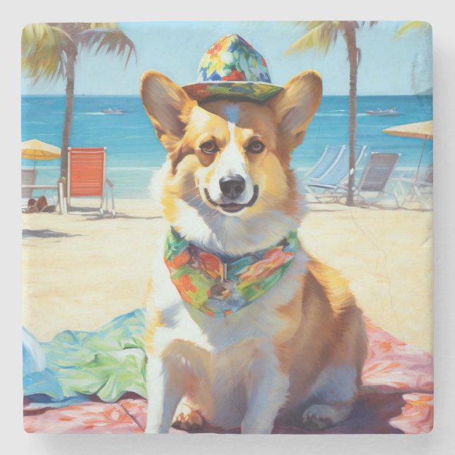 Corgi on Beach, Sommergeschenk für Hundefreunde Steinuntersetzer (Vorderseite)