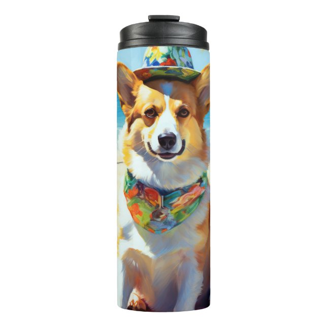 Corgi on Beach, Sommergeschenk für Hundefreunde Thermosbecher (Vorderseite)