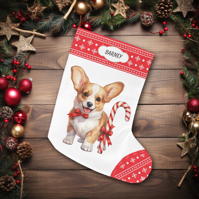 Corgi Puppy Candy Cane Snowflake Border Großer Weihnachtsstrumpf (Von Creator hochgeladen)