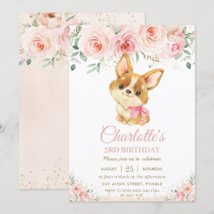 Corgi Puppy Dog Blush Pink Floral Girl Geburtstag Einladung