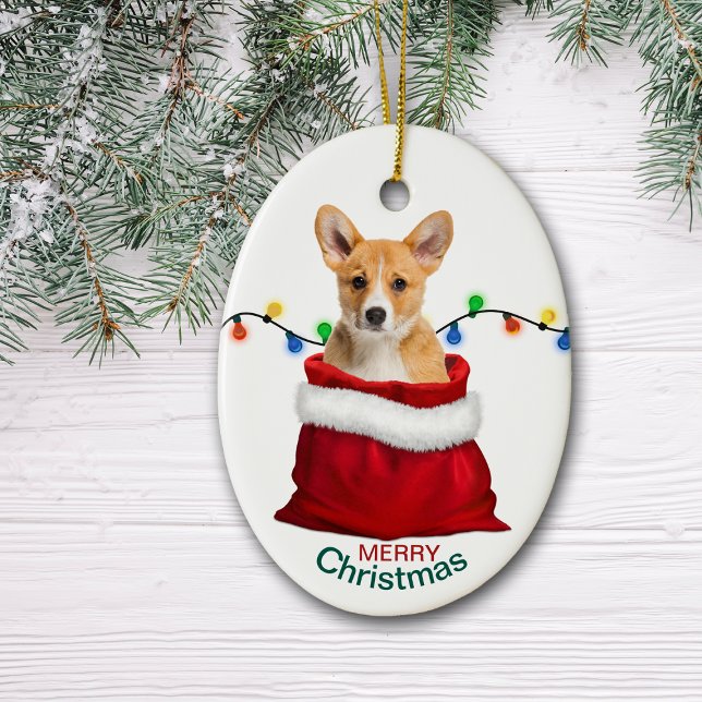 Corgi Puppy Dog in Holiday Gift Bag Keramik Ornament (Von Creator hochgeladen)