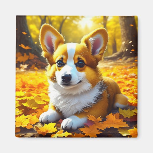 Corgi Puppy Dog Spielen im Herbst Blätter Magnet (Vorne)