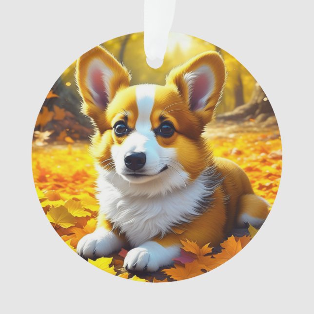 Corgi Puppy Dog Spielen im Herbst Blätter Ornament (Vorderseite)