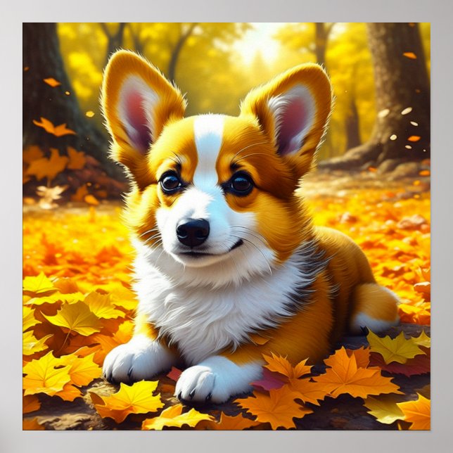 Corgi Puppy Dog Spielen in Herbstlauben Poster (Vorne)