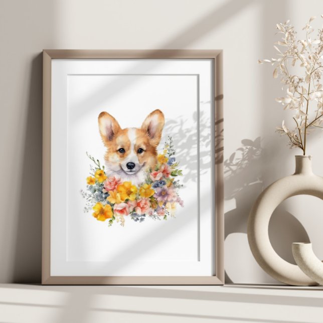 Corgi Puppy Funny Pet Wasserfarbe Blume Poster (Von Creator hochgeladen)