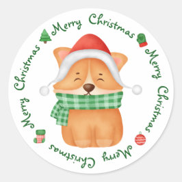 Corgi Puppy Santa Dog Niedlich Festlich Frohe Weih Runder Aufkleber