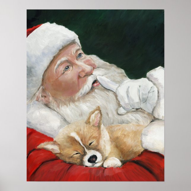 Corgi Puppy und Santa Dog Kunst drucken Poster (Vorne)