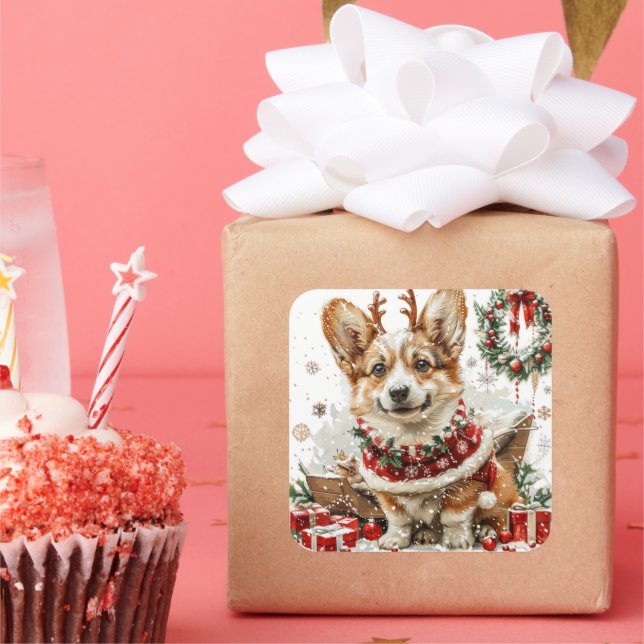 Corgi, Reindeer Kostüm von Sleigh Quadratischer Aufkleber (Party)
