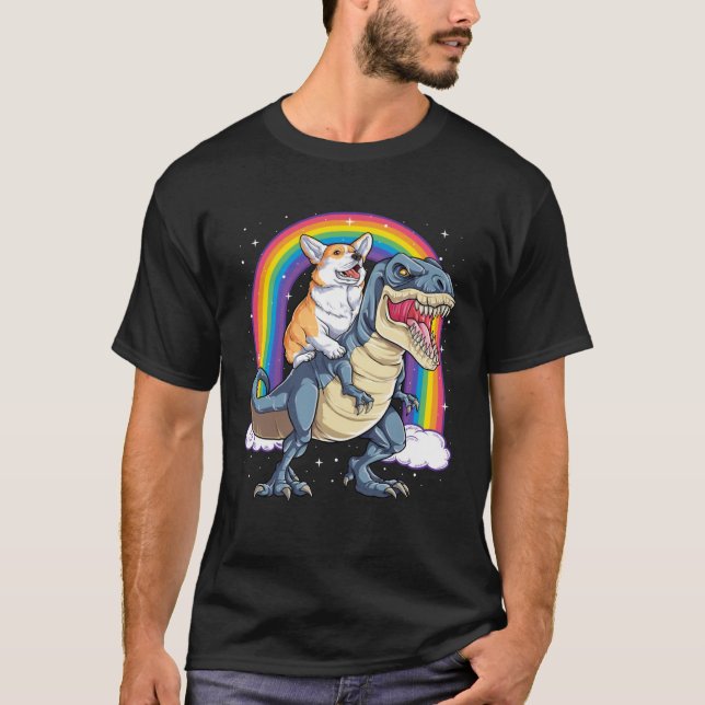 Corgi Riding Dinosaur rex  Men Women Rainbow T-Shirt (Vorderseite)