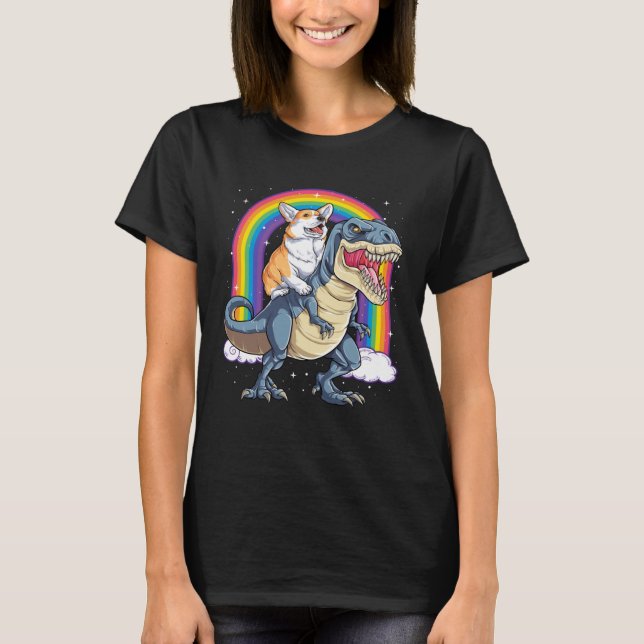 Corgi Riding Dinosaur rex  Men Women Rainbow T-Shirt (Vorderseite)