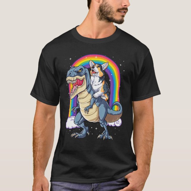 Corgi Riding Dinosaur T rex Boys Girls Rainbow Spa T-Shirt (Vorderseite)