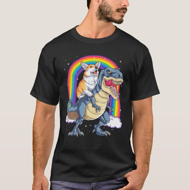 Corgi Riding Dinosaur T Rex Funny Space Galaxy Rai T-Shirt (Vorderseite)