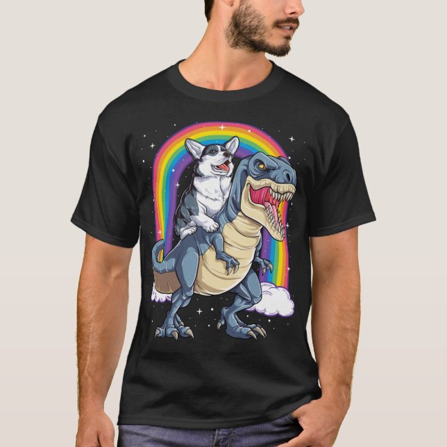 Corgi Riding Dinosaur T rex Shirt Funny Rainbow Do (Vorderseite)