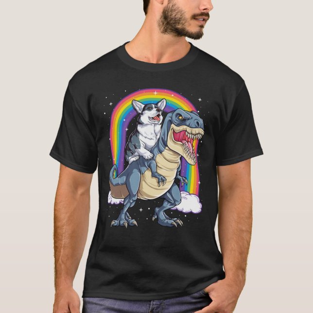 Corgi Riding Dinosaur T rex Shirt Funny Rainbow Do (Vorderseite)