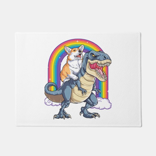 Corgi Riding Dinosaur T rex Shirt Funny Rainbow Do Fußmatte (Vorderseite)