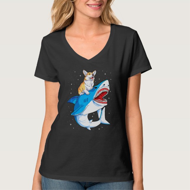 Corgi Riding Shark Jawsome Dog Galaxy T-Shirt (Vorderseite)