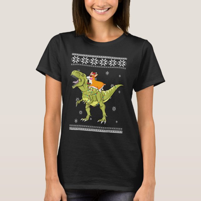 Corgi Riding T Rex Dinosaur Weihnachtslicht Weihna T-Shirt (Vorderseite)