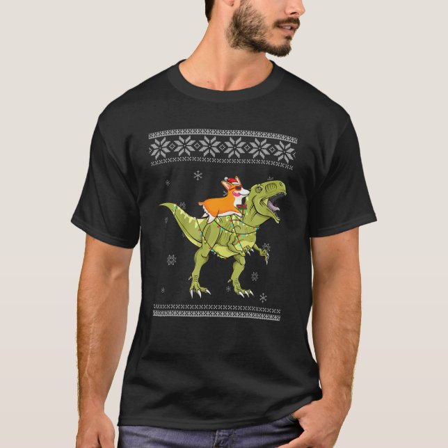 Corgi Riding T Rex Dinosaur Weihnachtslicht Xmas G T-Shirt (Vorderseite)