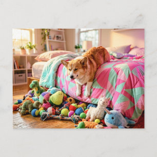 Corgi rutscht schlafend vom Bett herunter Postkarte