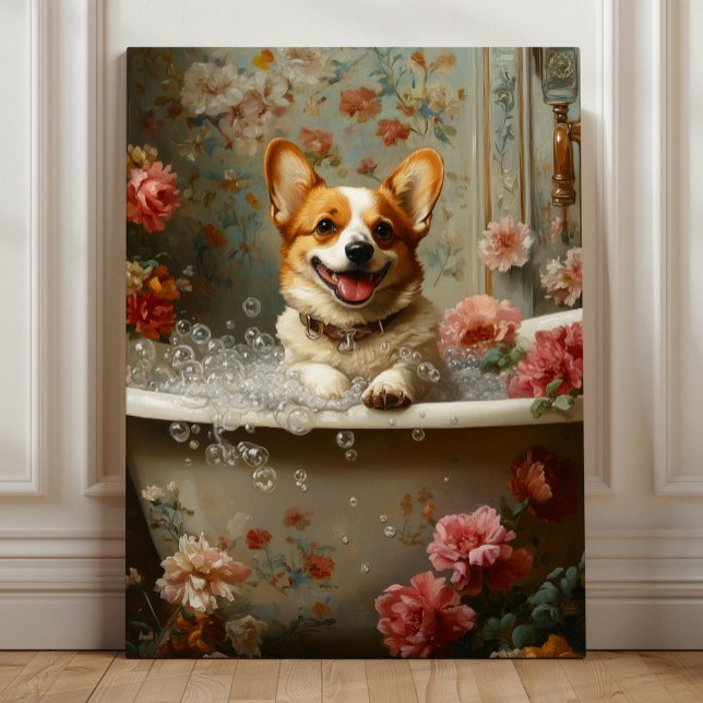 Corgi Schaumbad Freude Leinwanddruck (Corgi Bubble Bath Joy – Whimsical Floral Dog Bathroom Art by Nicole Cossairt)