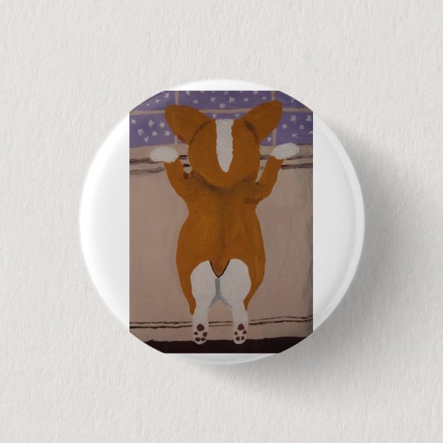 Corgi schaut aus dem Fenster Button (Vorderseite)